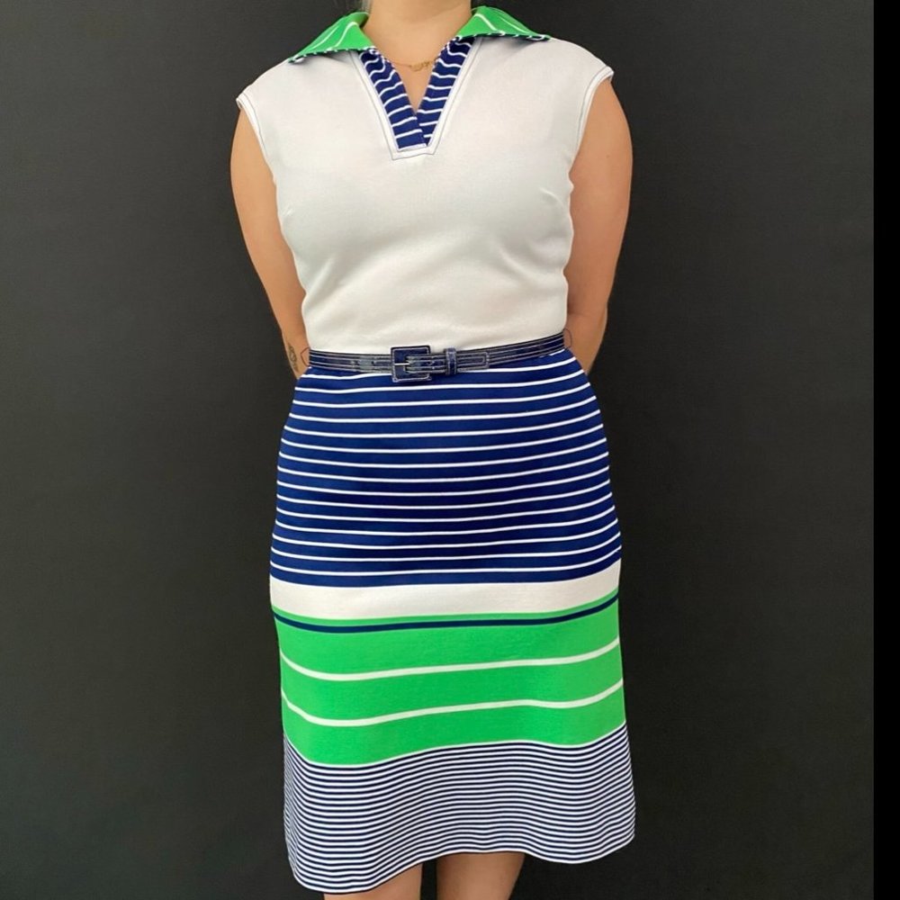 60s/70s Mod Sleeveless Striped Belted Dress